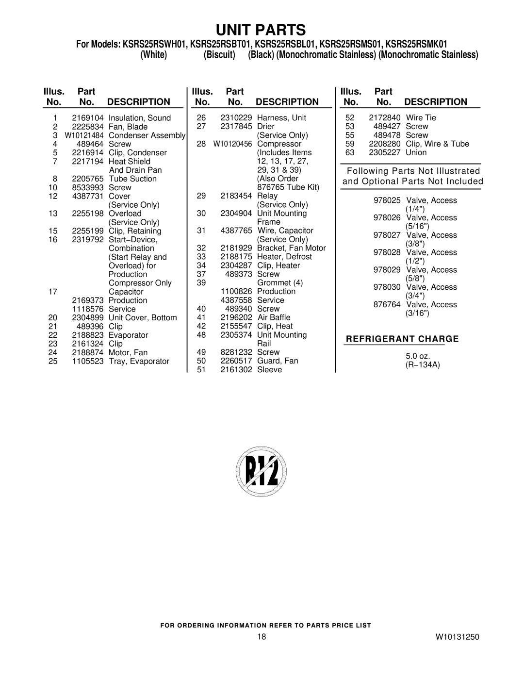 KitchenAid KSRS25RSMS01, KSRS25RSBL01, KSRS25RSWH01, KSRS25RSBT01, KSRS25RSMK01 manual Unit Parts 