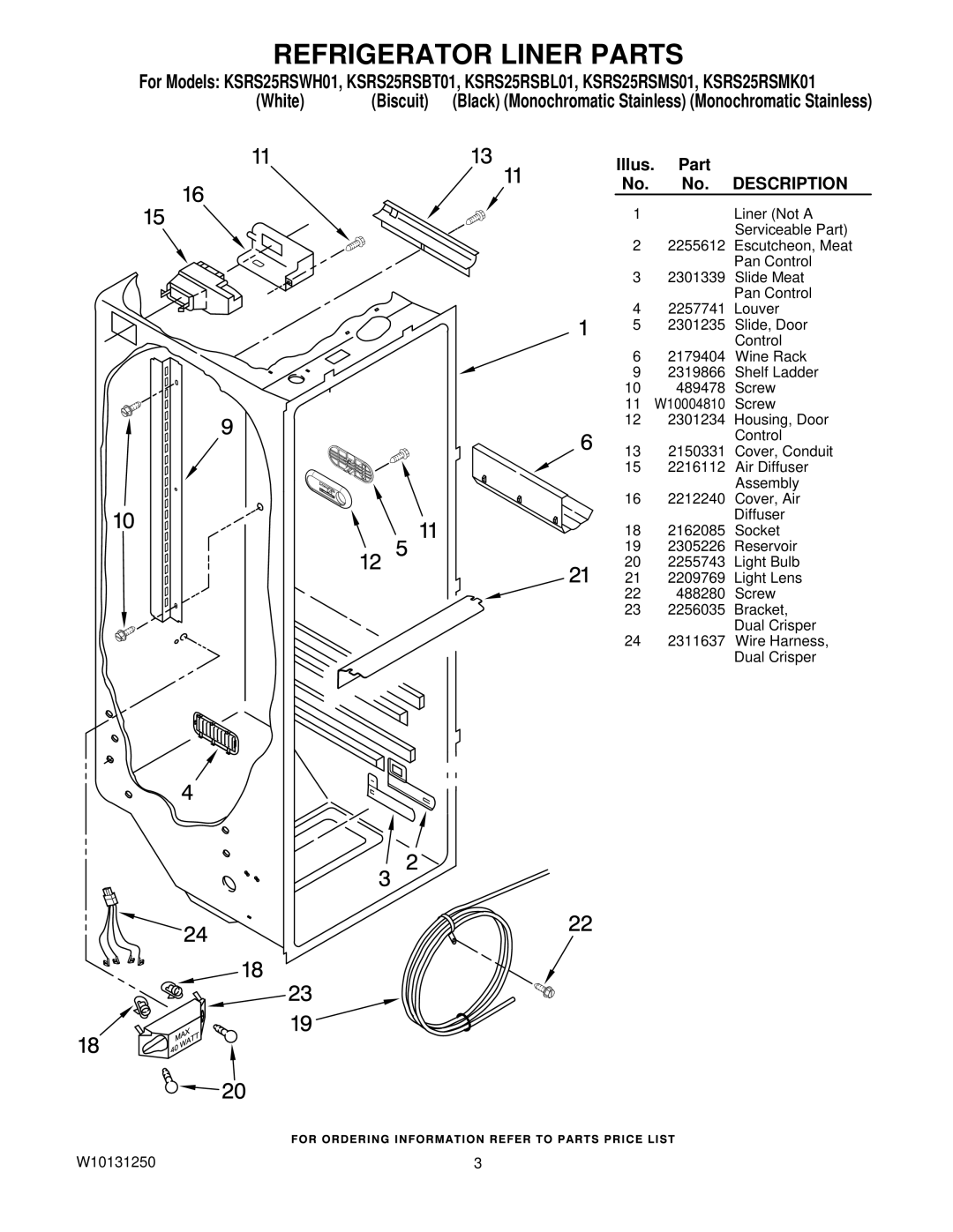 KitchenAid KSRS25RSMS01, KSRS25RSBL01, KSRS25RSWH01, KSRS25RSBT01, KSRS25RSMK01 manual Refrigerator Liner Parts, White 