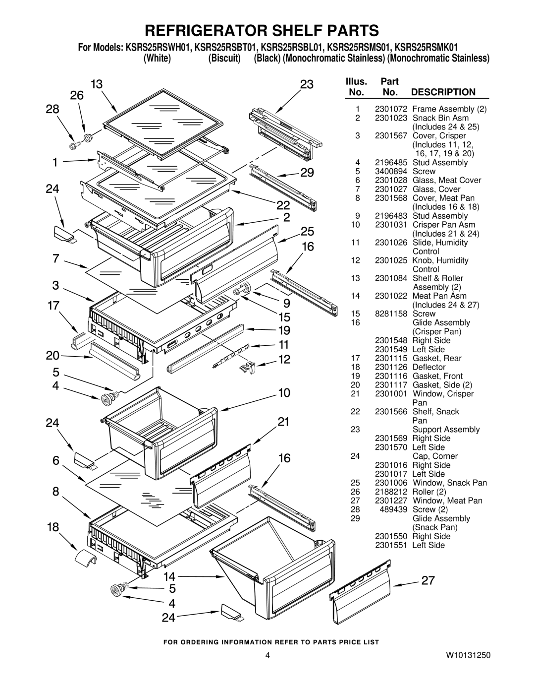 KitchenAid KSRS25RSMK01, KSRS25RSBL01, KSRS25RSWH01, KSRS25RSBT01, KSRS25RSMS01 manual Refrigerator Shelf Parts 