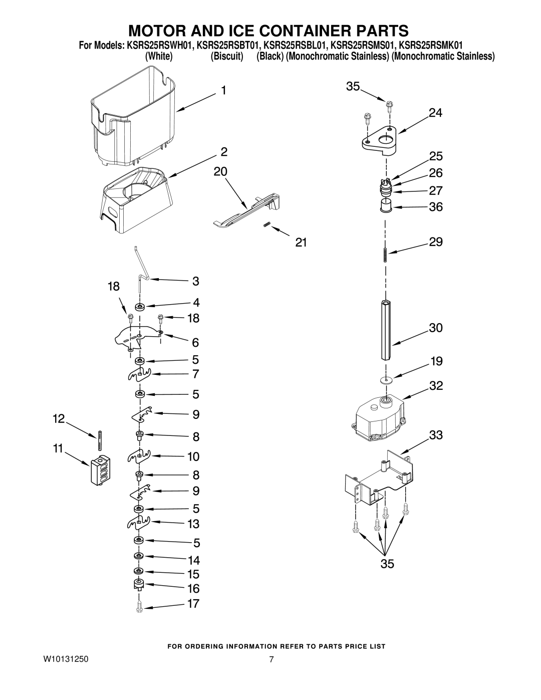 KitchenAid KSRS25RSBT01, KSRS25RSBL01, KSRS25RSWH01, KSRS25RSMS01, KSRS25RSMK01 manual Motor and ICE Container Parts 