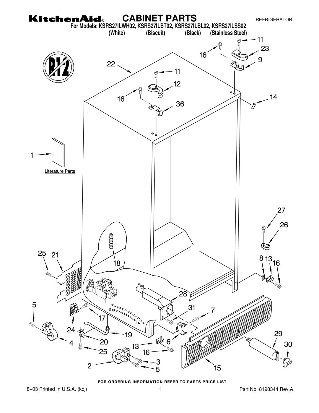 KitchenAid KSRS27ILBL02, KSRS27ILSS02, KSRS27ILBT02, KSRS27ILWH02 manual Cabinet Parts 