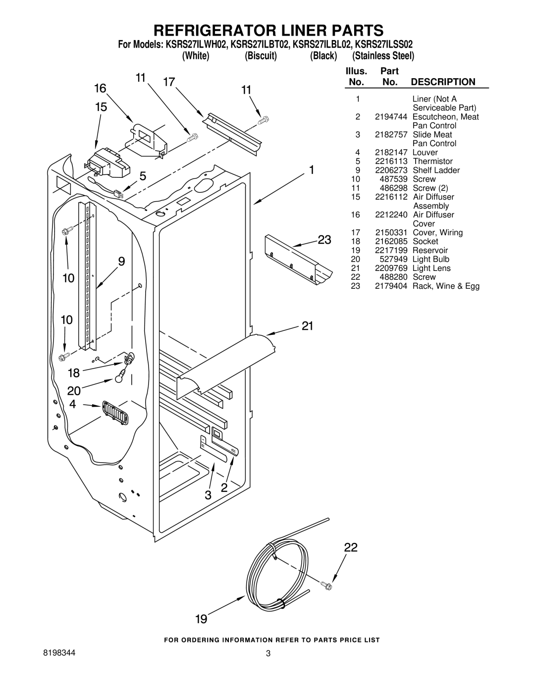 KitchenAid KSRS27ILWH02, KSRS27ILSS02, KSRS27ILBL02, KSRS27ILBT02 manual Refrigerator Liner Parts, Description 