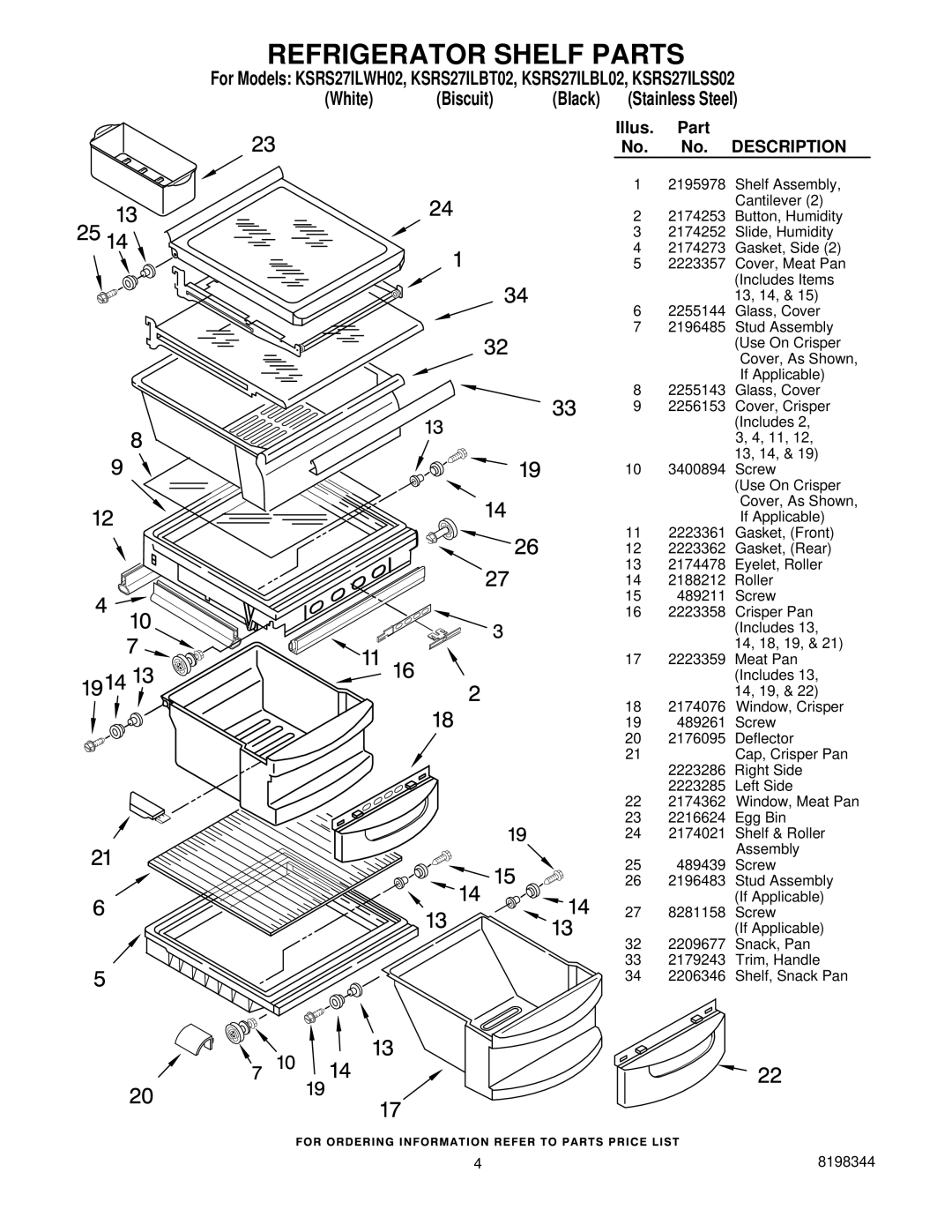 KitchenAid KSRS27ILSS02, KSRS27ILBL02, KSRS27ILBT02, KSRS27ILWH02 manual Refrigerator Shelf Parts 