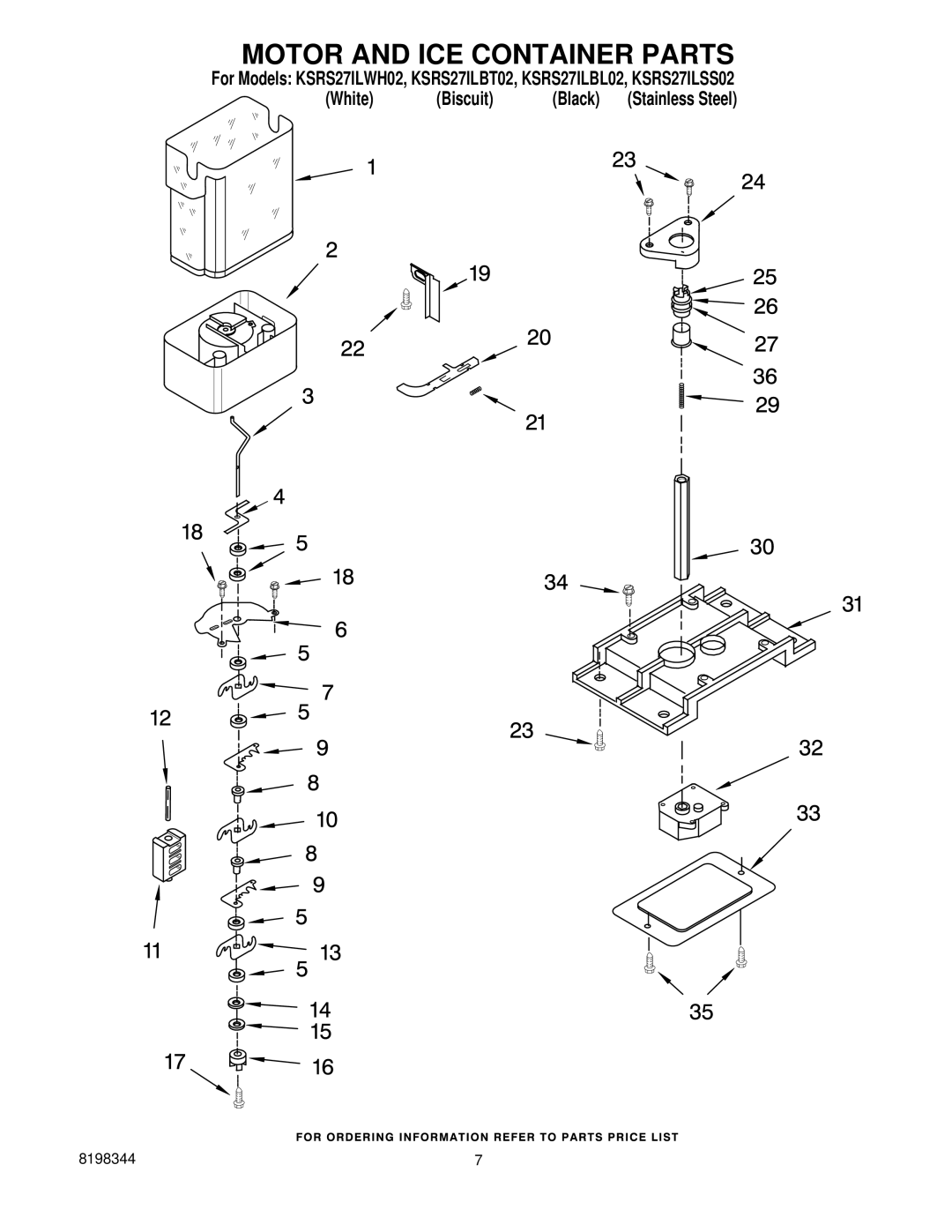 KitchenAid KSRS27ILWH02, KSRS27ILSS02, KSRS27ILBL02, KSRS27ILBT02 manual Motor and ICE Container Parts 