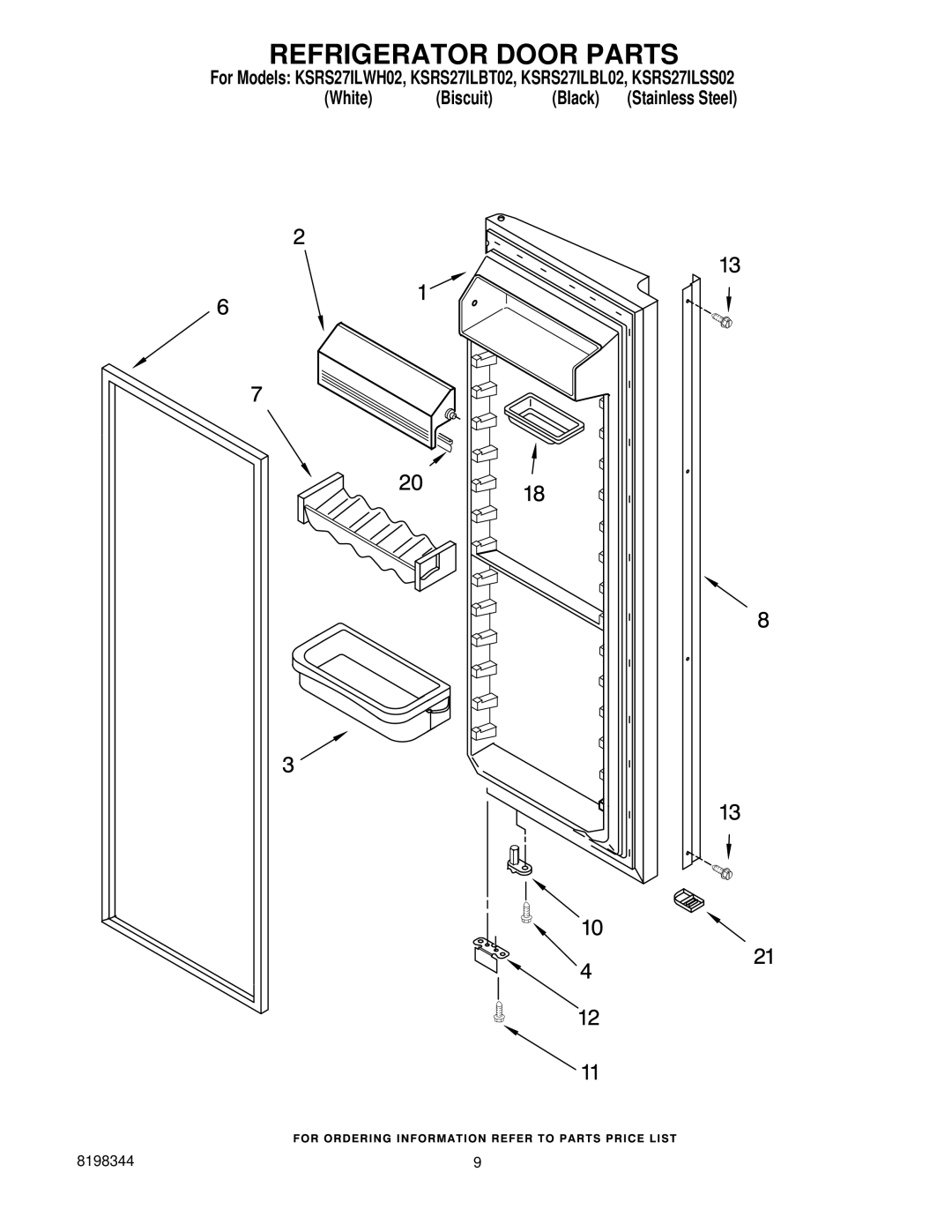 KitchenAid KSRS27ILBL02, KSRS27ILSS02, KSRS27ILBT02, KSRS27ILWH02 manual Refrigerator Door Parts 