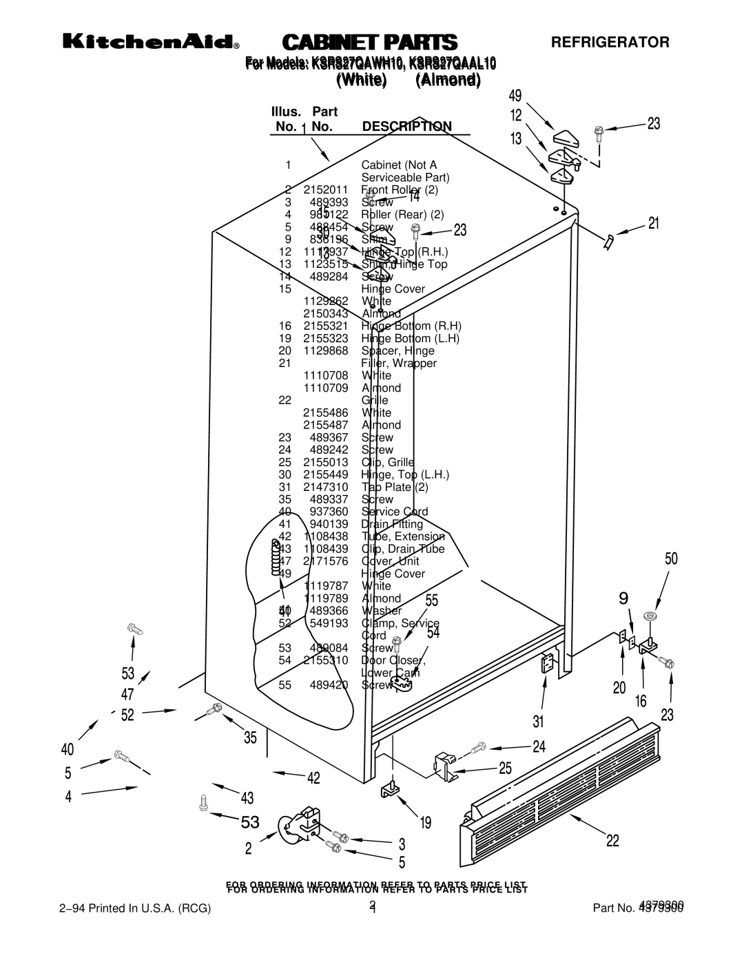 KitchenAid manual Cabinet Parts, For Models KSRS27QAWH10, KSRS27QAAL10 White Almond 