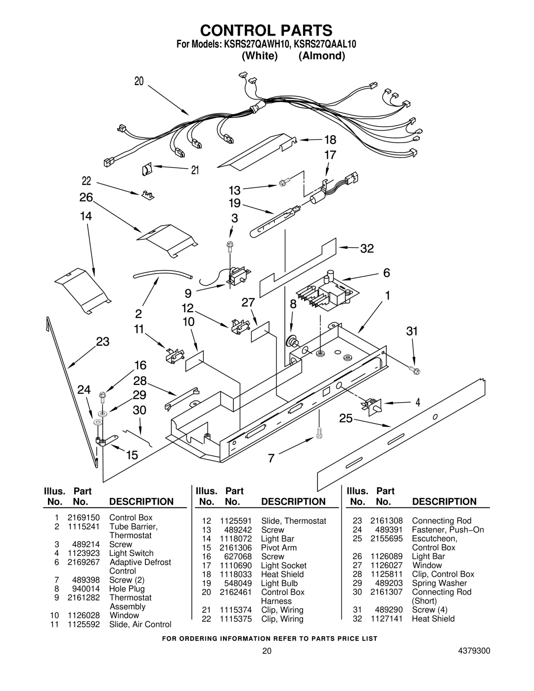 KitchenAid KSRS27QAWH10, KSRS27QAAL10 manual Control Parts 