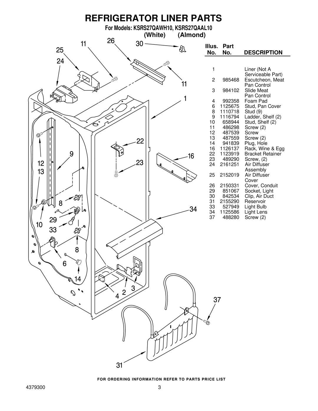 KitchenAid KSRS27QAAL10, KSRS27QAWH10 manual Refrigerator Liner Parts, Description 