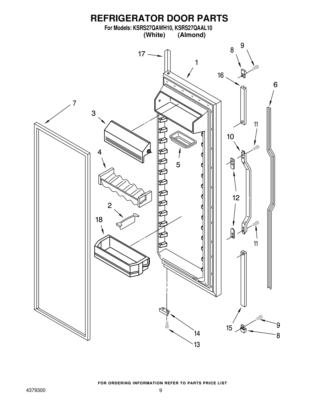 KitchenAid KSRS27QAAL10, KSRS27QAWH10 manual Refrigerator Door Parts 