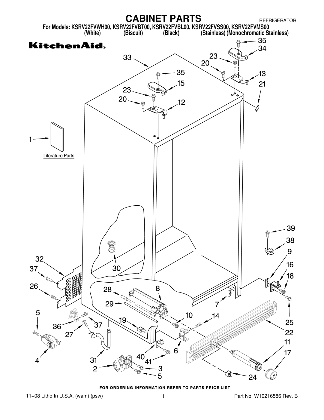 KitchenAid KSRV22FVBT00, KSRV22FVSS00, KSRV22FVBL00, KSRV22FVWH00, KSRV22FVMS00 manual Cabinet Parts 