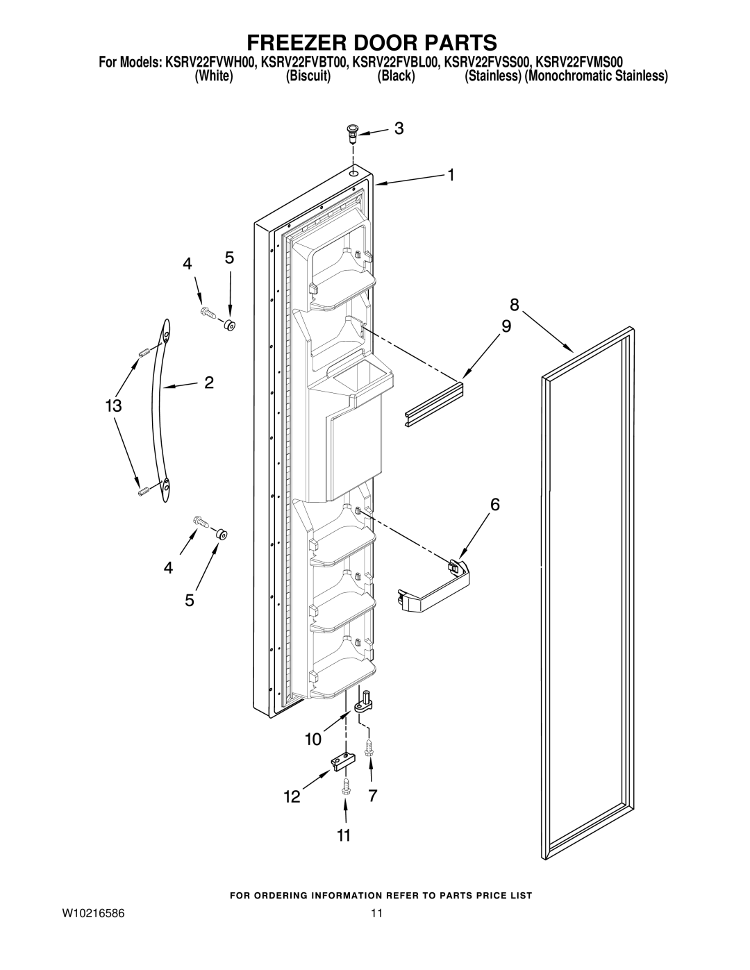 KitchenAid KSRV22FVBT00, KSRV22FVSS00, KSRV22FVBL00, KSRV22FVWH00, KSRV22FVMS00 manual Freezer Door Parts 