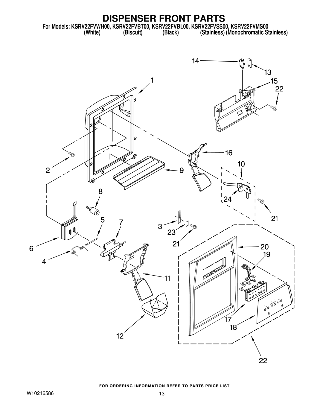 KitchenAid KSRV22FVWH00, KSRV22FVSS00, KSRV22FVBT00, KSRV22FVBL00, KSRV22FVMS00 manual Dispenser Front Parts 