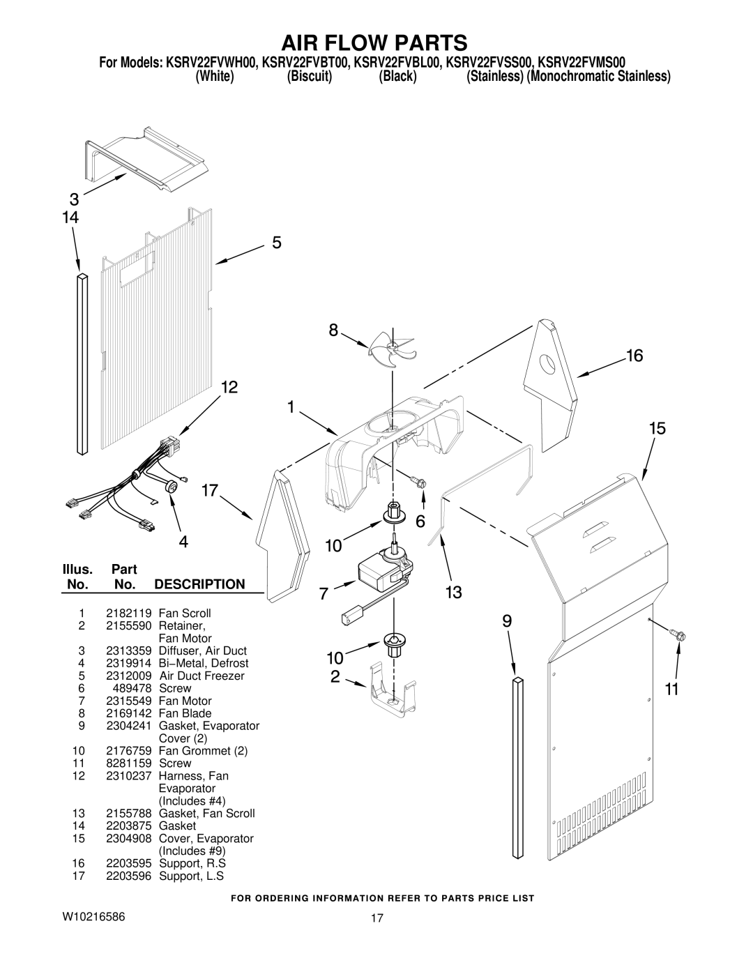 KitchenAid KSRV22FVBL00, KSRV22FVSS00, KSRV22FVBT00, KSRV22FVWH00, KSRV22FVMS00 manual AIR Flow Parts 