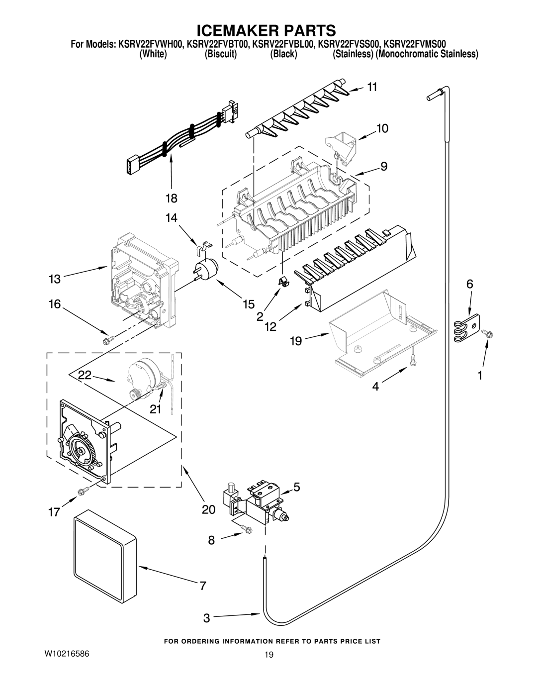 KitchenAid KSRV22FVMS00, KSRV22FVSS00, KSRV22FVBT00, KSRV22FVBL00, KSRV22FVWH00 manual Icemaker Parts 