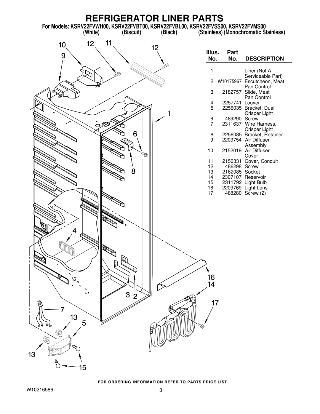 KitchenAid KSRV22FVWH00, KSRV22FVSS00, KSRV22FVBT00, KSRV22FVBL00, KSRV22FVMS00 manual Refrigerator Liner Parts, Description 