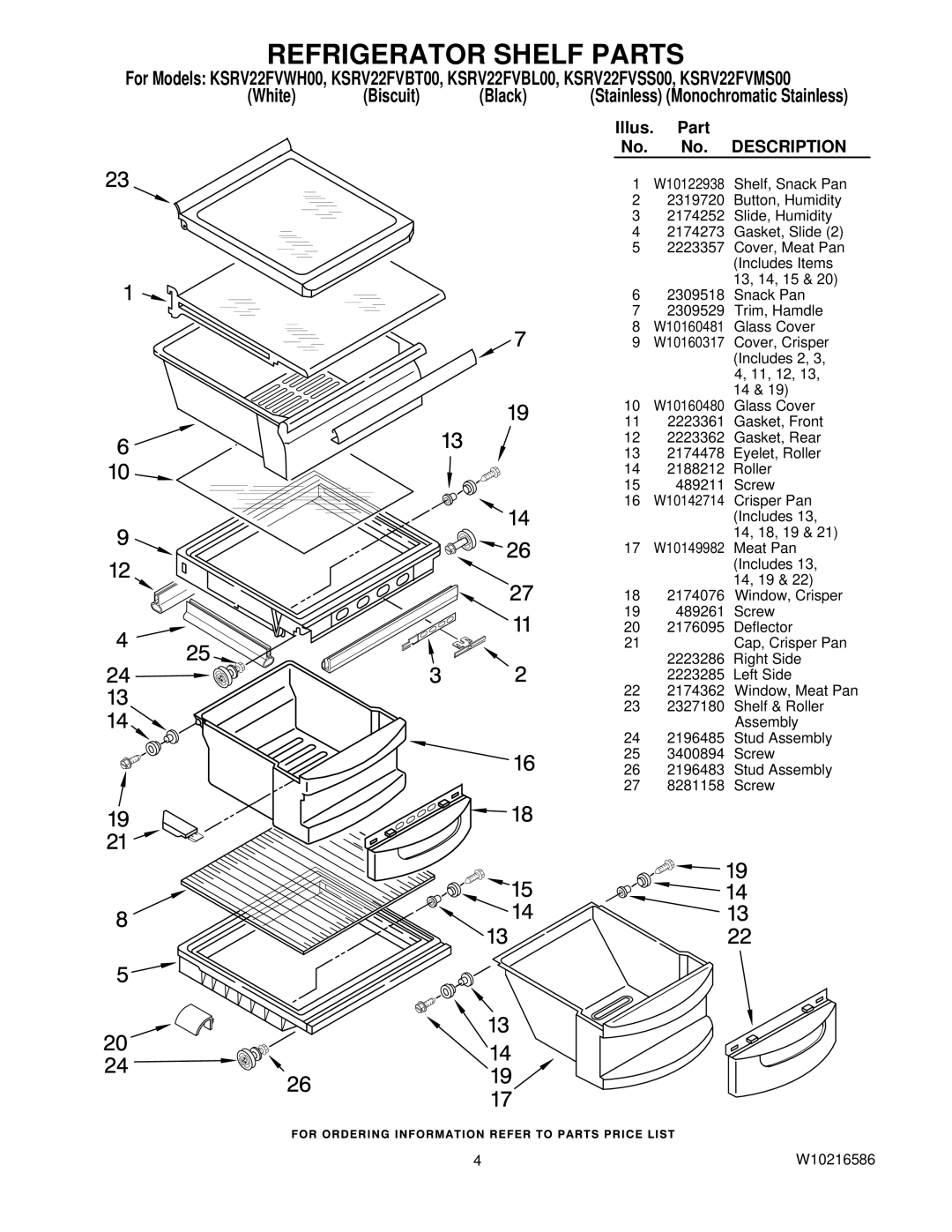 KitchenAid KSRV22FVMS00, KSRV22FVSS00, KSRV22FVBT00, KSRV22FVBL00, KSRV22FVWH00 manual Refrigerator Shelf Parts 