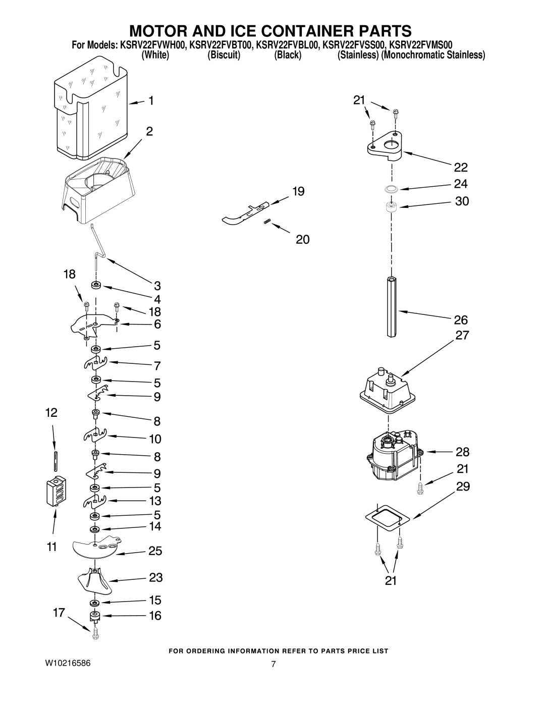 KitchenAid KSRV22FVBL00, KSRV22FVSS00, KSRV22FVBT00, KSRV22FVWH00, KSRV22FVMS00 manual Motor and ICE Container Parts 