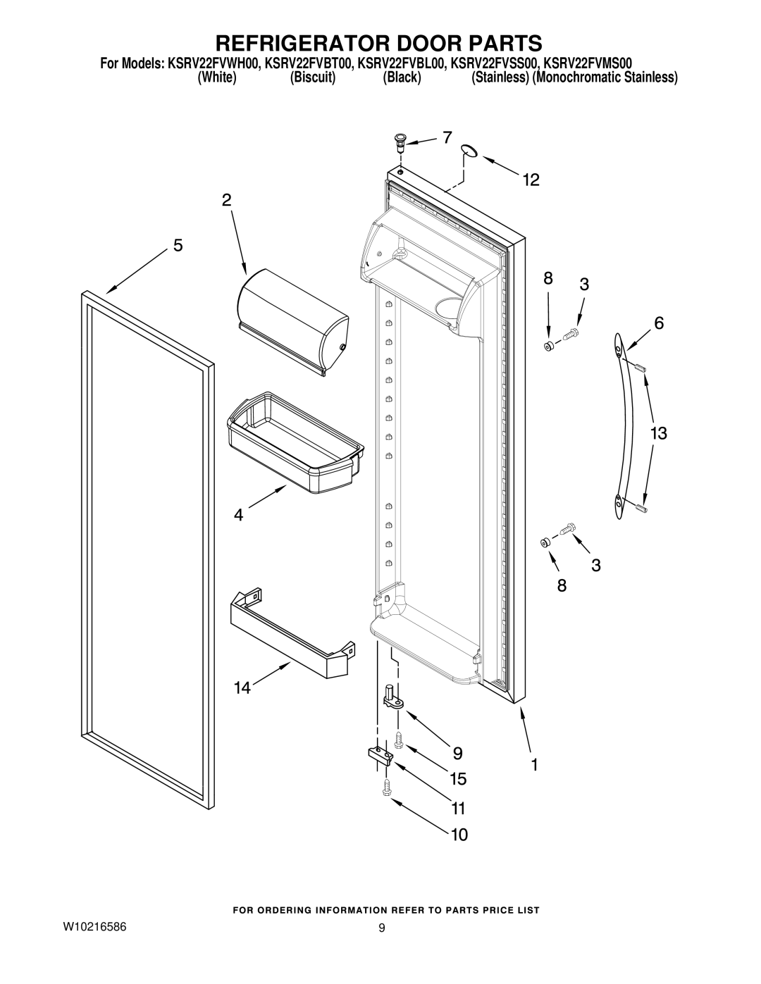 KitchenAid KSRV22FVMS00, KSRV22FVSS00, KSRV22FVBT00, KSRV22FVBL00, KSRV22FVWH00 manual Refrigerator Door Parts 