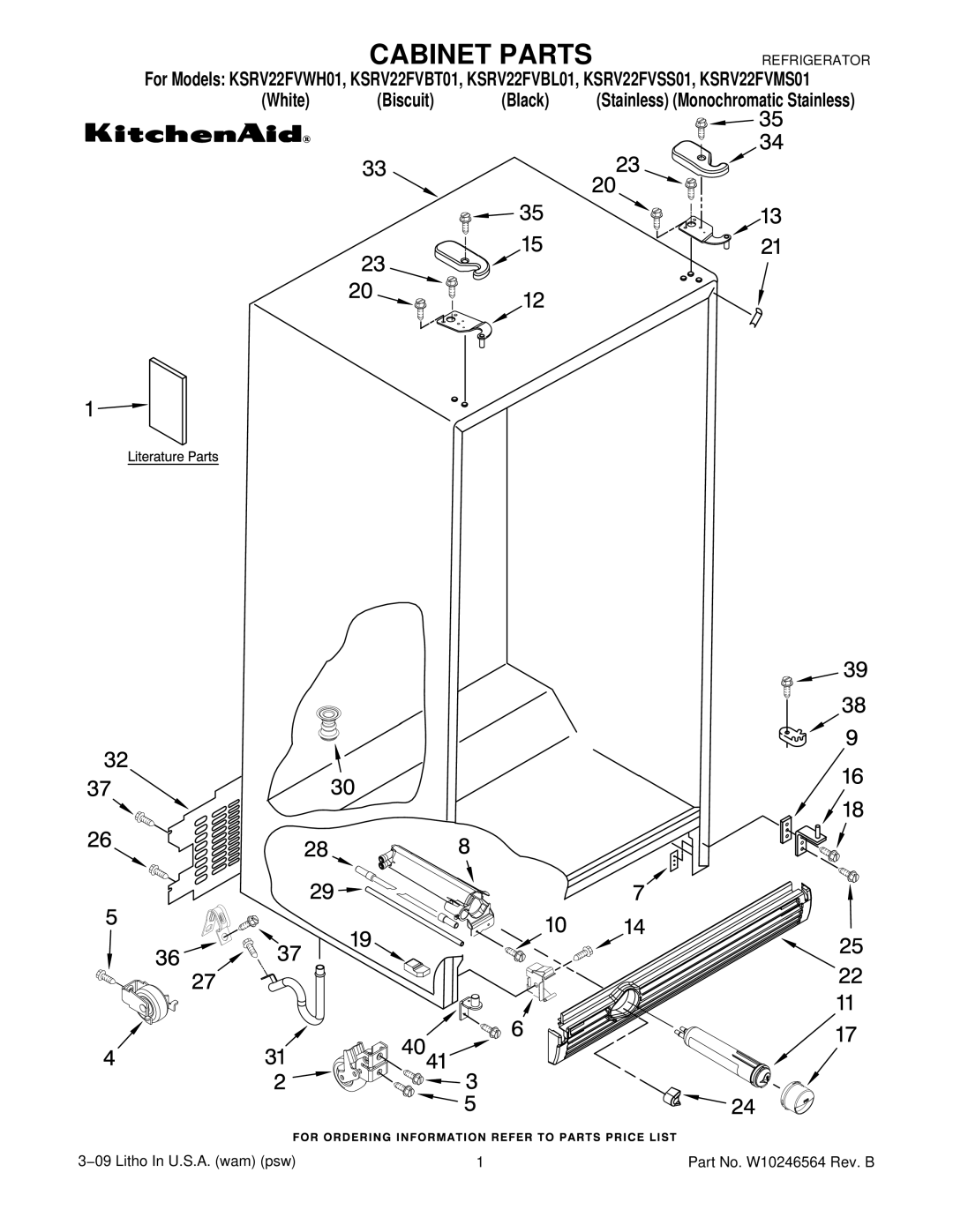 KitchenAid KSRV22FVBT01, KSRV22FVSS01, KSRV22FVMS01, KSRV22FVBL01, KSRV22FVWH01 manual Cabinet Parts 