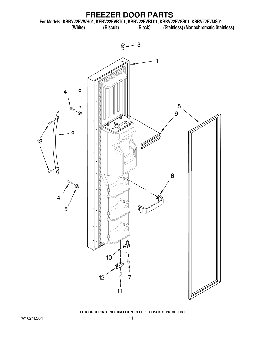 KitchenAid KSRV22FVBT01, KSRV22FVSS01, KSRV22FVMS01, KSRV22FVBL01, KSRV22FVWH01 manual Freezer Door Parts 