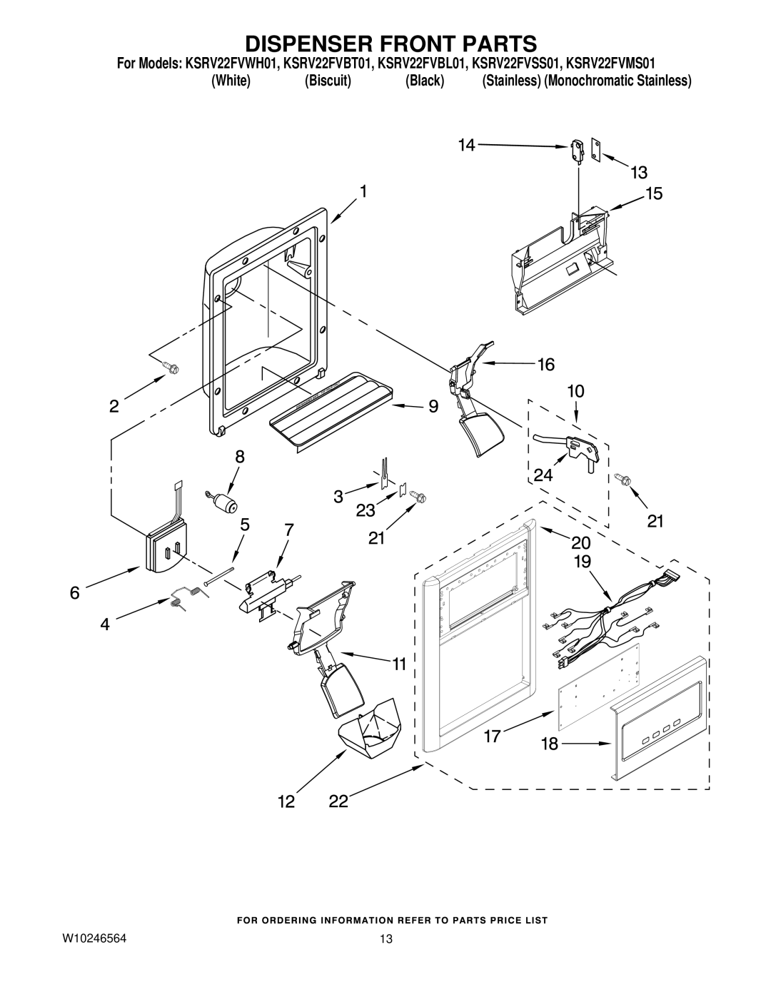 KitchenAid KSRV22FVBL01, KSRV22FVSS01, KSRV22FVBT01, KSRV22FVMS01, KSRV22FVWH01 manual Dispenser Front Parts 