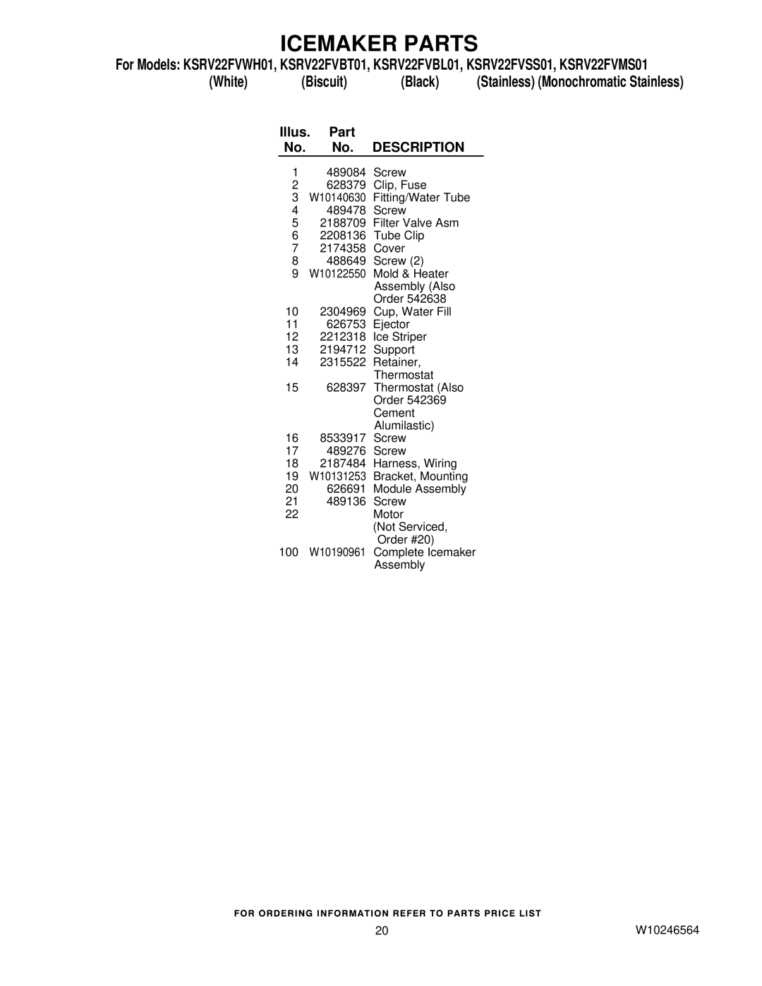 KitchenAid KSRV22FVSS01, KSRV22FVBT01, KSRV22FVMS01, KSRV22FVBL01 manual 100 W10190961 Complete Icemaker Assembly W10246564 