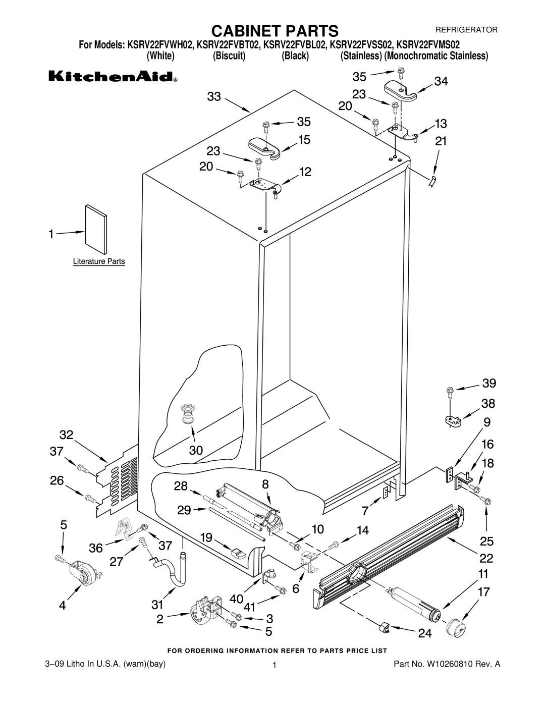 KitchenAid KSRV22FVBT02, KSRV22FVSS02, KSRV22FVMS02, KSRV22FVWH02, KSRV22FVBL02 manual Cabinet Parts 