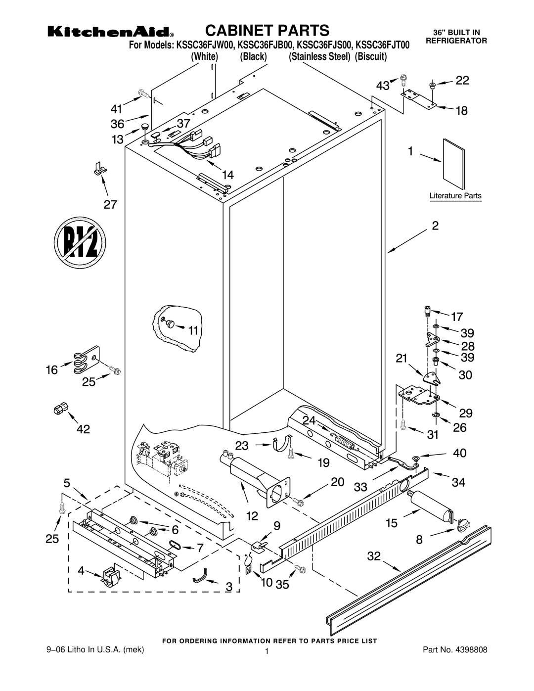 KitchenAid KSSC36FJB00, KSSC36FJT00, KSSC36FJS00, KSSC36FJW00 manual Cabinet Parts 