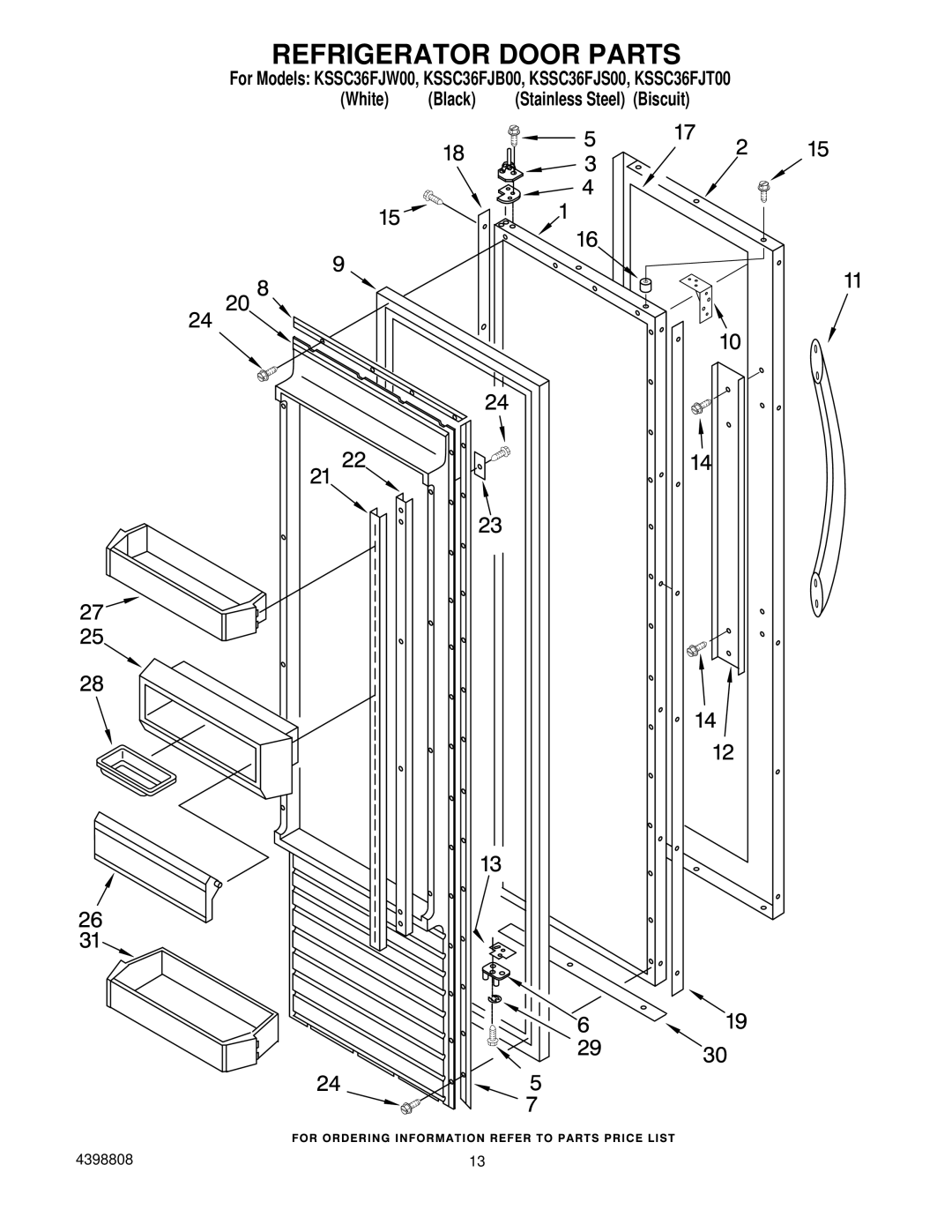 KitchenAid KSSC36FJB00, KSSC36FJT00, KSSC36FJS00, KSSC36FJW00 manual Refrigerator Door Parts 