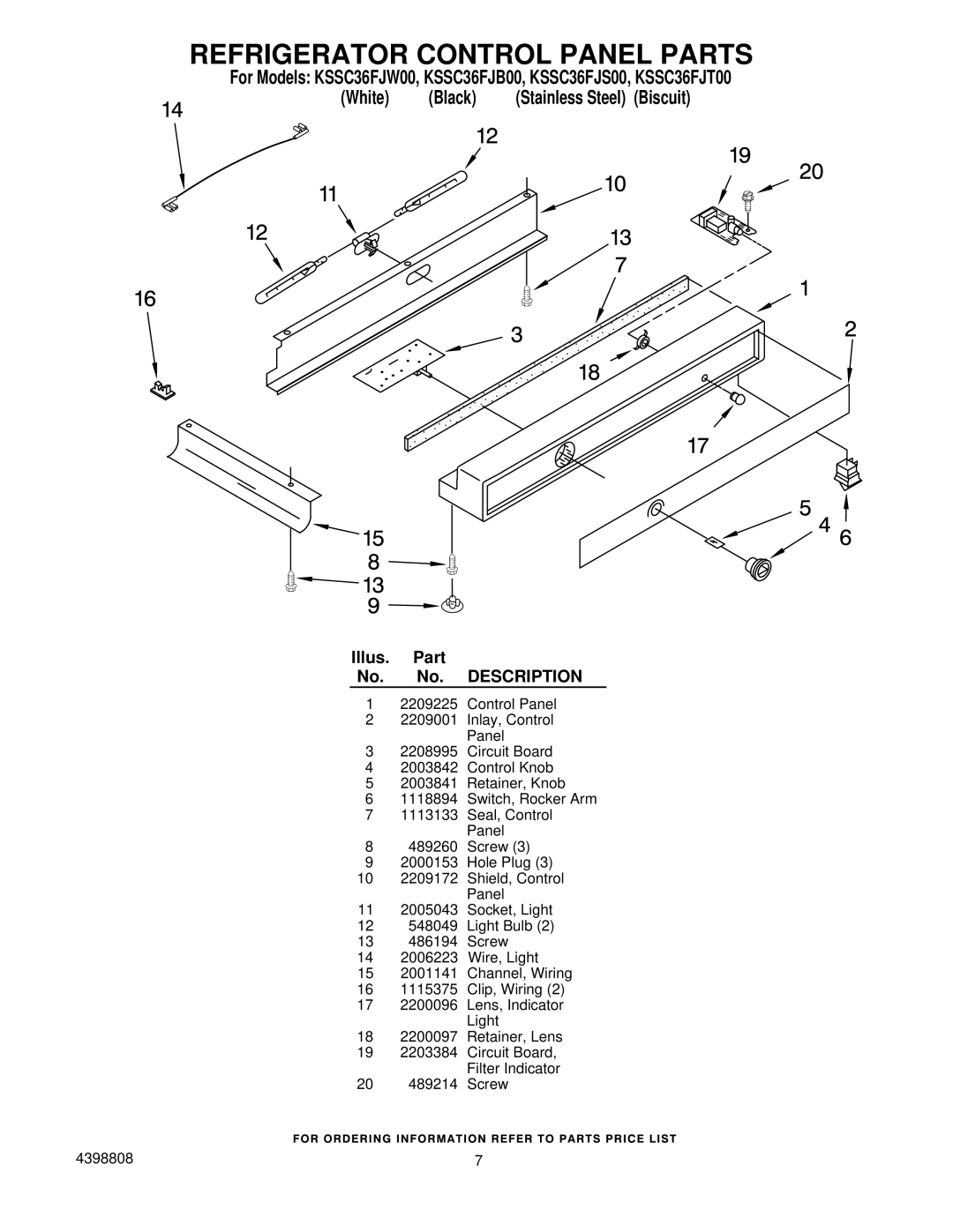 KitchenAid KSSC36FJW00, KSSC36FJT00, KSSC36FJB00, KSSC36FJS00 manual Refrigerator Control Panel Parts 