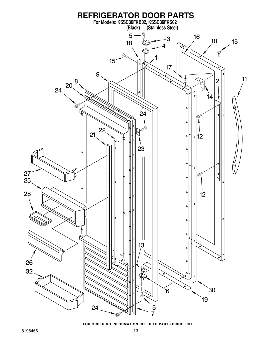 KitchenAid KSSC36FKS02, KSSC36FKB02 manual Refrigerator Door Parts 