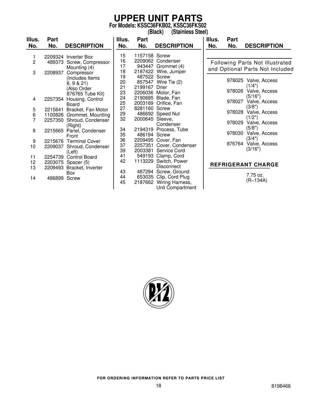 KitchenAid KSSC36FKB02, KSSC36FKS02 manual Upper Unit Parts 