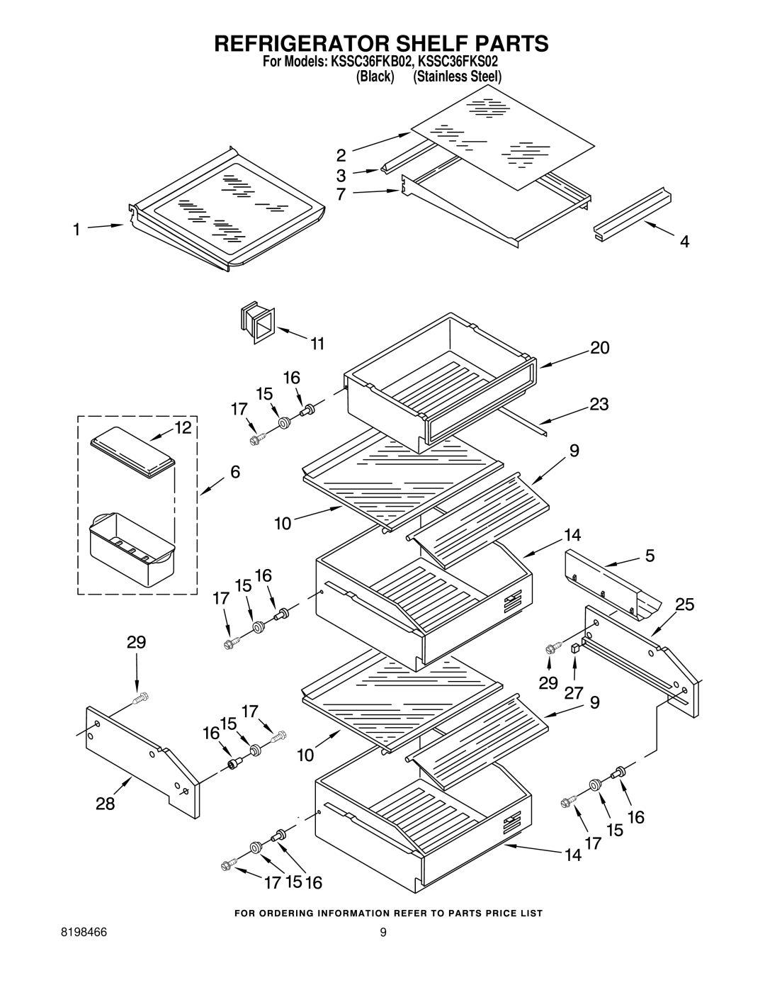 KitchenAid KSSC36FKS02, KSSC36FKB02 manual Refrigerator Shelf Parts 