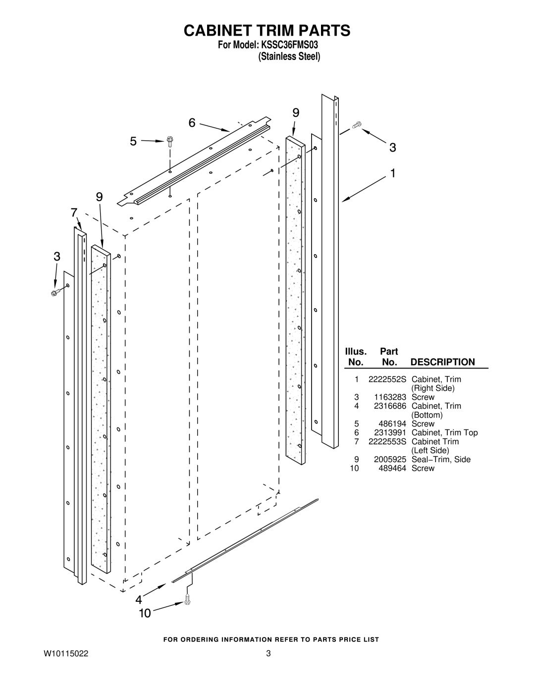 KitchenAid manual Cabinet Trim Parts, For Model KSSC36FMS03 Stainless Steel 