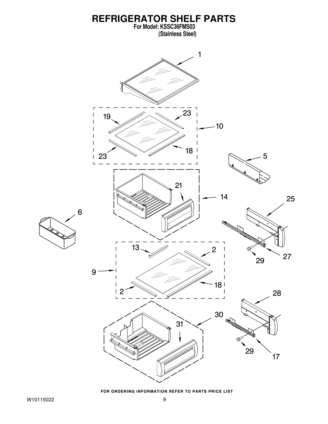 KitchenAid KSSC36FMS03 manual Refrigerator Shelf Parts 