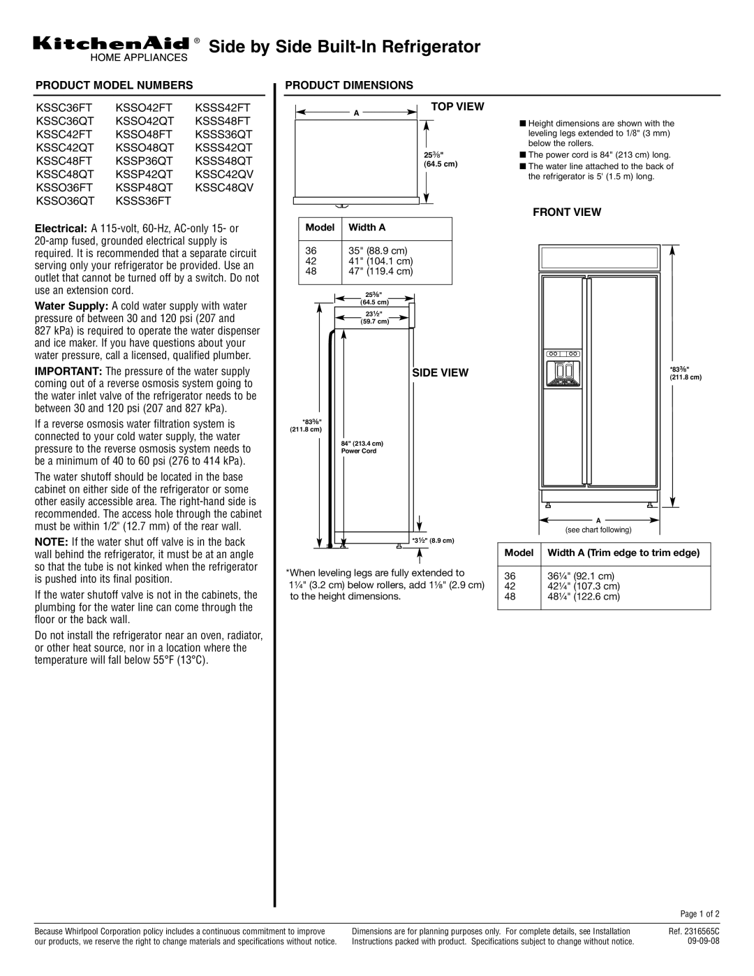 KitchenAid KSSC48FT, KSSC36FT dimensions Product Model Numbers Product Dimensions, TOP View, Front View, Side View 