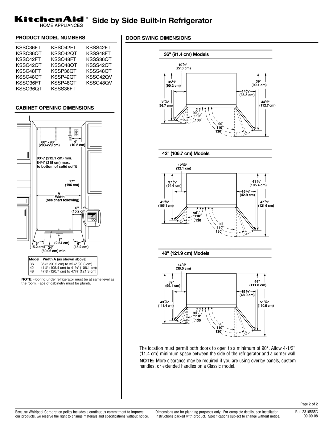 KitchenAid KSSC42QT, KSSC36FT, KSSC48FT, KSSC36QT Product Model Numbers, Cabinet Opening Dimensions, Door Swing Dimensions 