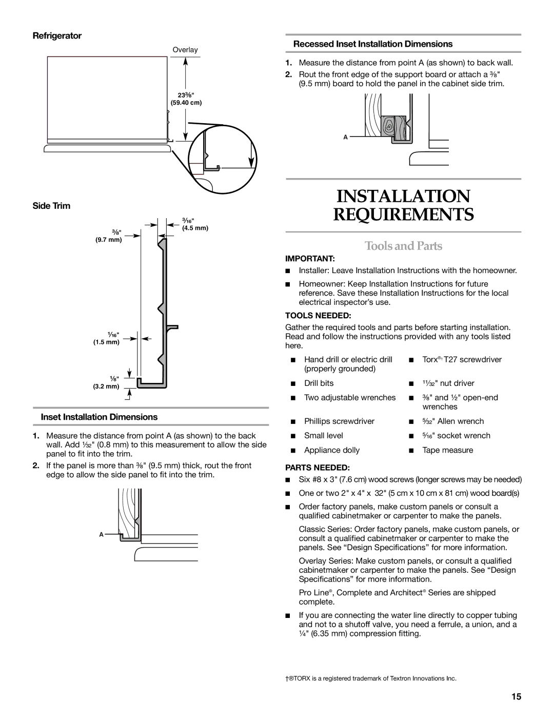 KitchenAid 2309069A Installation Requirements, Tools and Parts, Measure the distance from point a as shown to back wall 