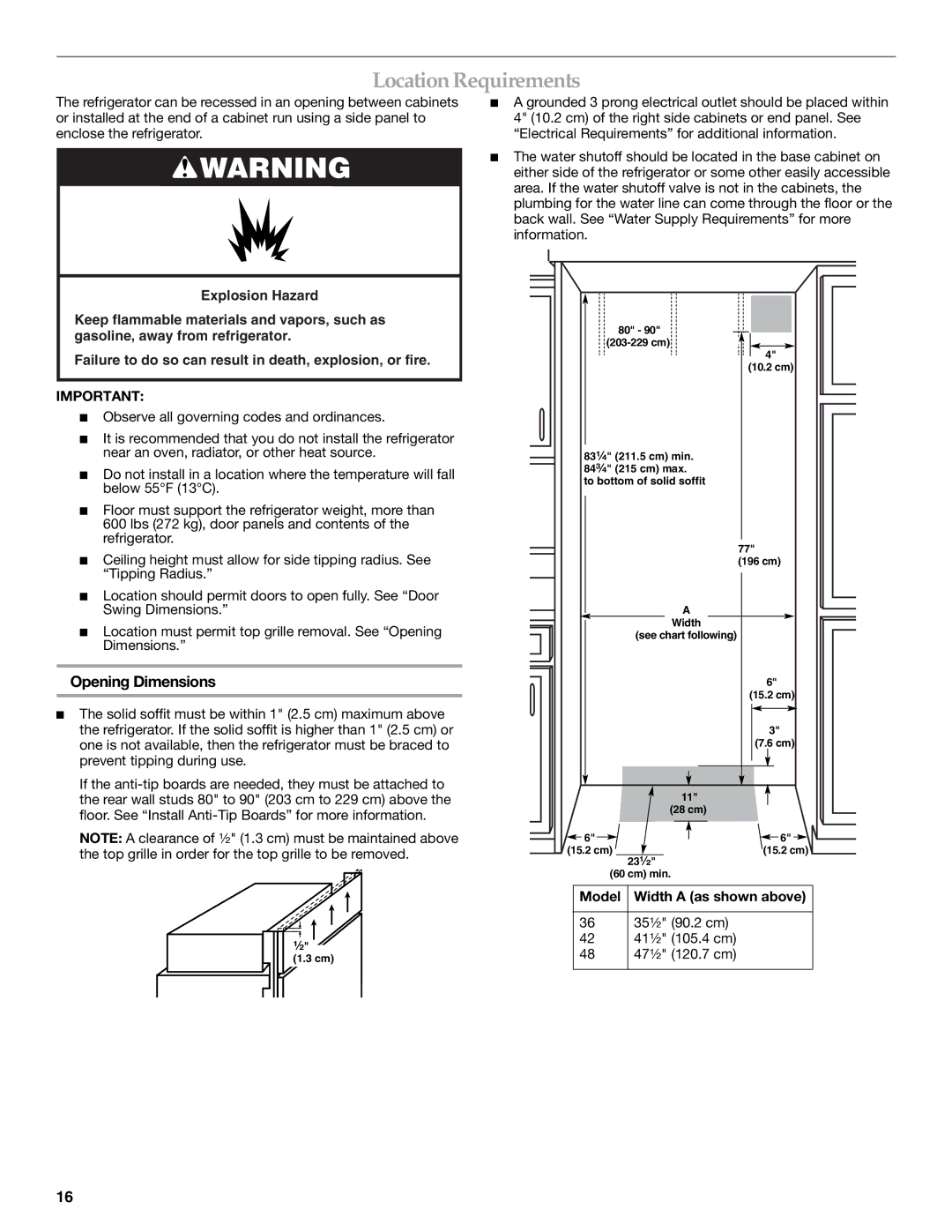 KitchenAid KSSC36QMS, 2309069A manual Location Requirements, Opening Dimensions, Model Width a as shown above 