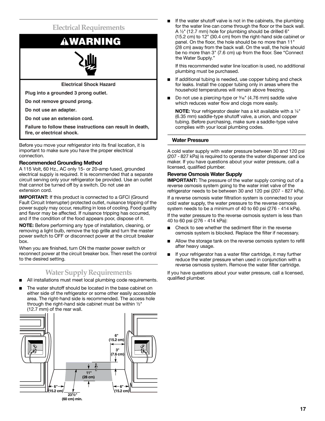 KitchenAid 2309069A manual Electrical Requirements, Water Supply Requirements, Recommended Grounding Method, Water Pressure 