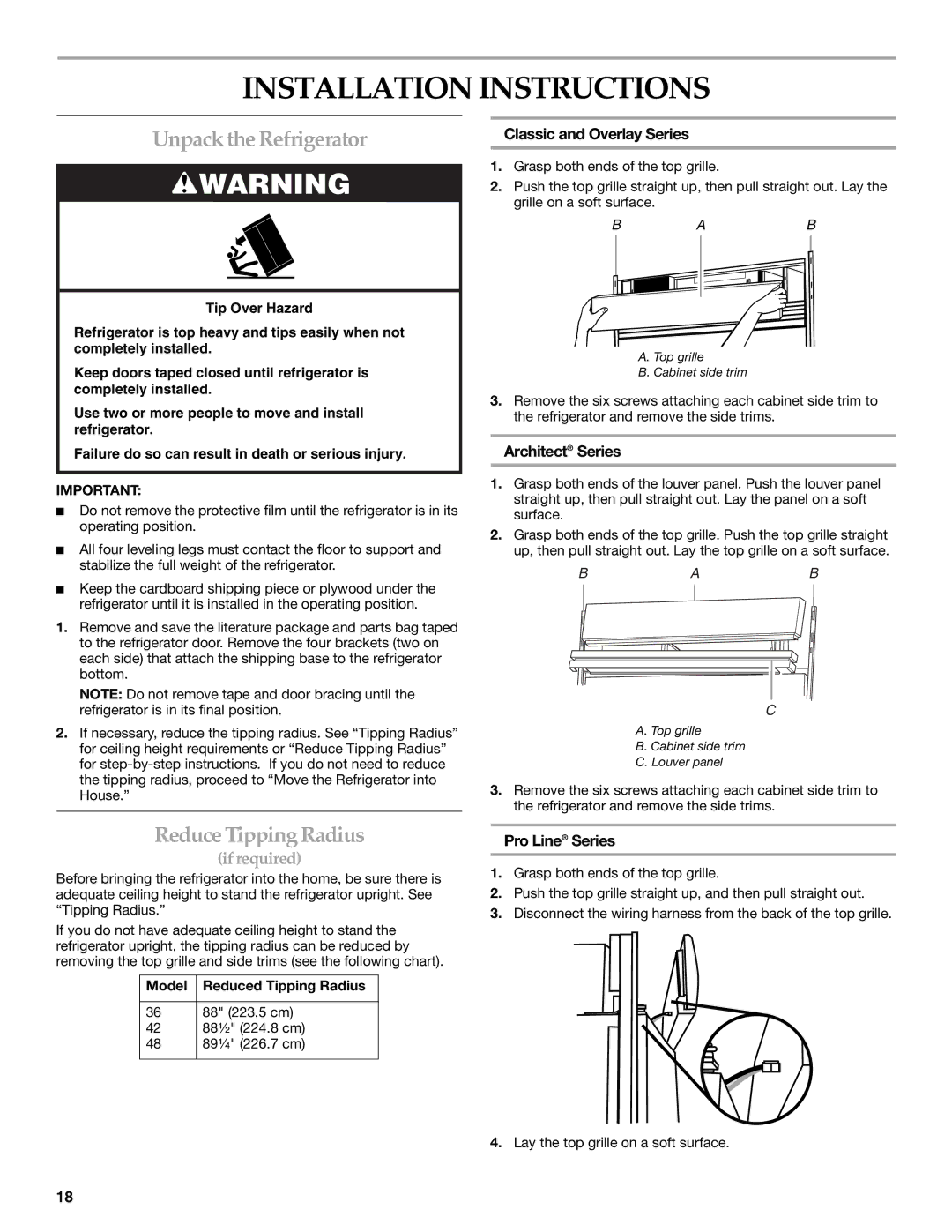 KitchenAid KSSC36QMS, 2309069A manual Installation Instructions, Unpack the Refrigerator, Reduce Tipping Radius 