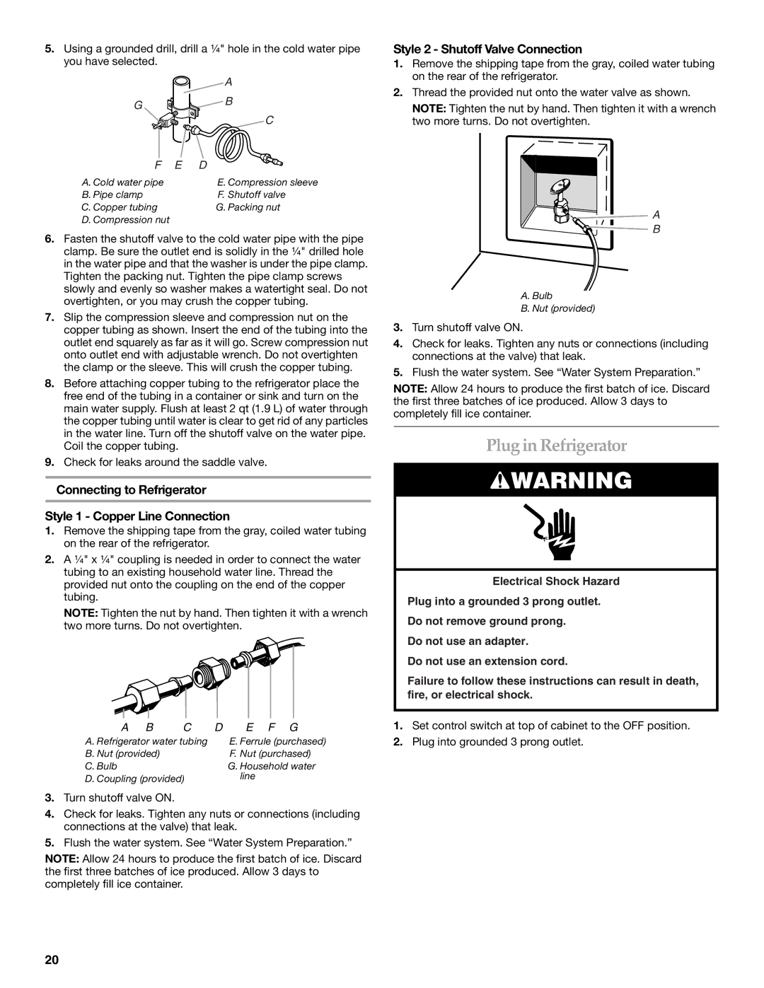 KitchenAid KSSC36QMS, 2309069A manual Plug in Refrigerator, Style 2 Shutoff Valve Connection 