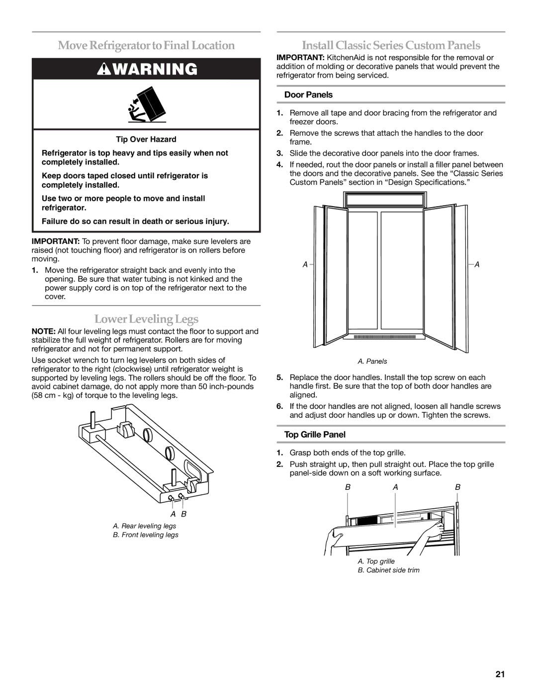 KitchenAid 2309069A MoveRefrigeratortoFinal Location, Lower LevelingLegs, Install ClassicSeries Custom Panels, Door Panels 