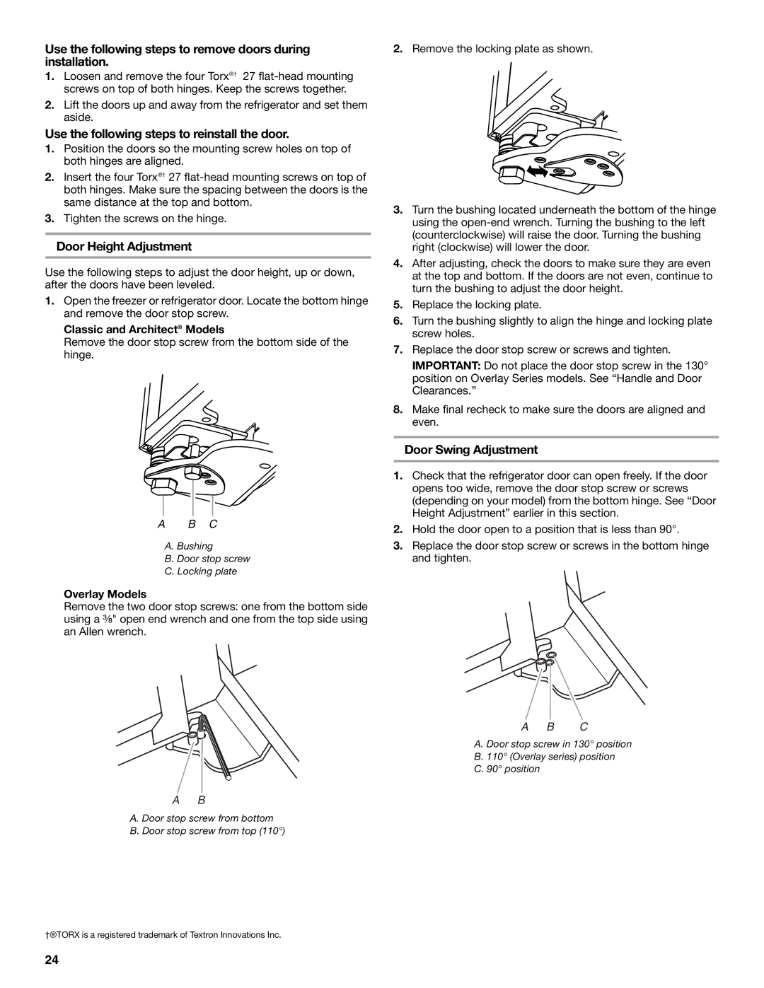 KitchenAid KSSC36QMS, 2309069A manual Use the following steps to remove doors during installation, Door Height Adjustment 