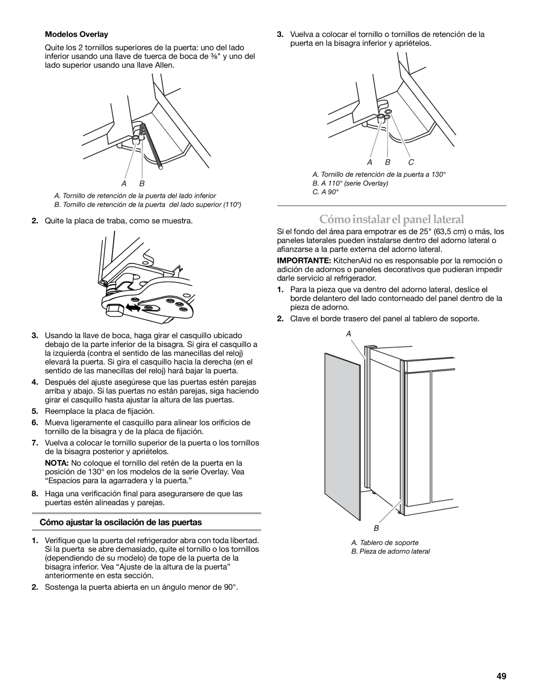 KitchenAid 2309069A, KSSC36QMS Cómoinstalar el panellateral, Cómo ajustar la oscilación de las puertas, Modelos Overlay 