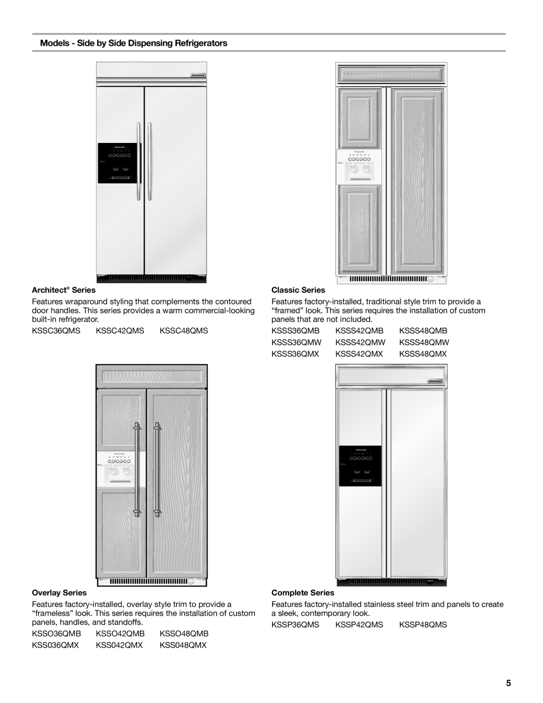 KitchenAid 2309069A, KSSC36QMS manual Models Side by Side Dispensing Refrigerators, Architect Series, Complete Series 