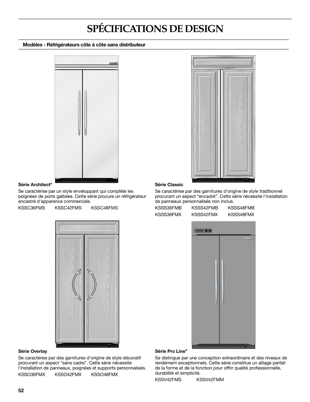 KitchenAid KSSC36QMS, 2309069A manual Spécifications DE Design, Modèles Réfrigérateurs côte à côte sans distributeur 