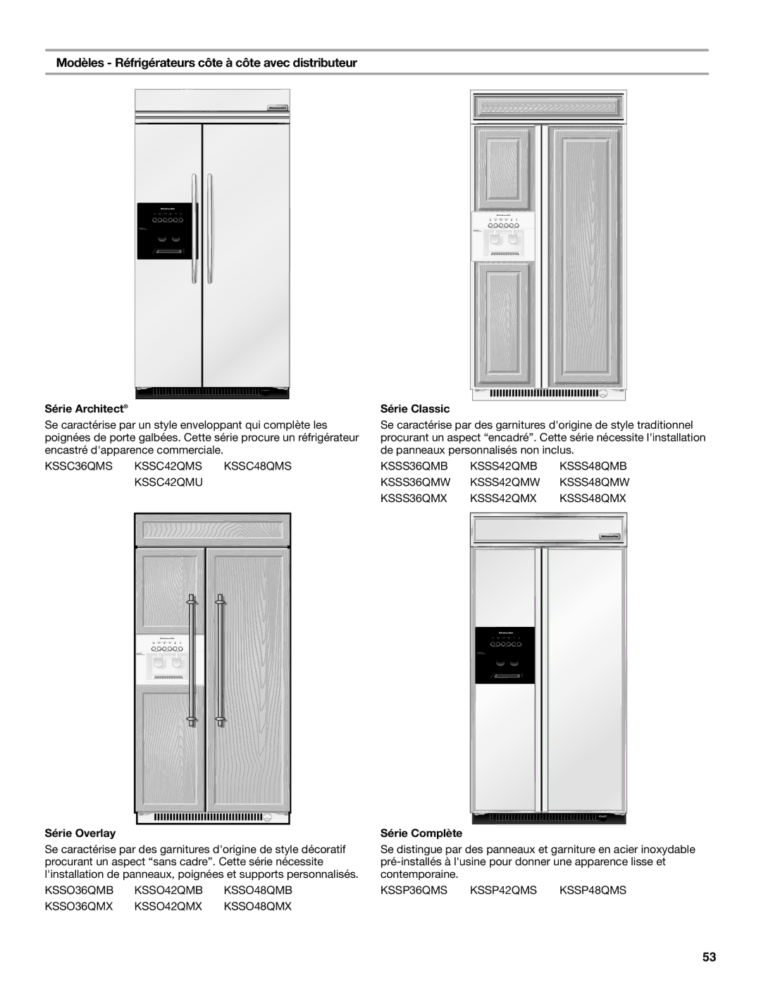 KitchenAid 2309069A, KSSC36QMS manual Modèles Réfrigérateurs côte à côte avec distributeur, Série Complète 