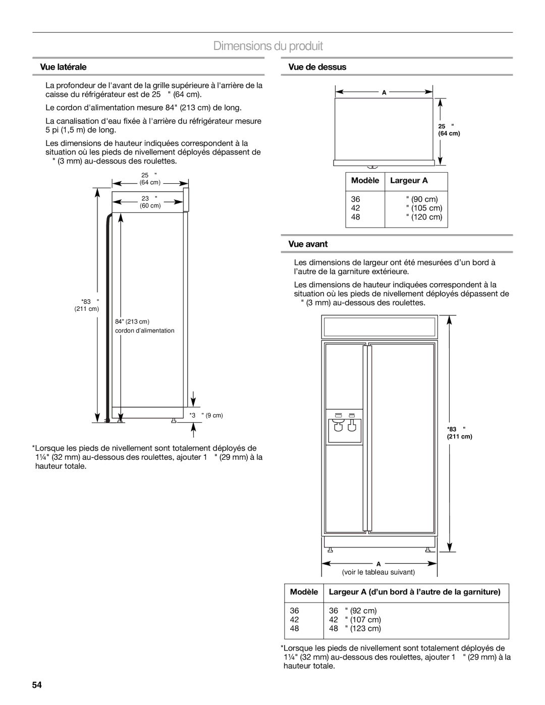 KitchenAid KSSC36QMS, 2309069A manual Dimensions du produit, Vue latérale, Vue de dessus, Vue avant 