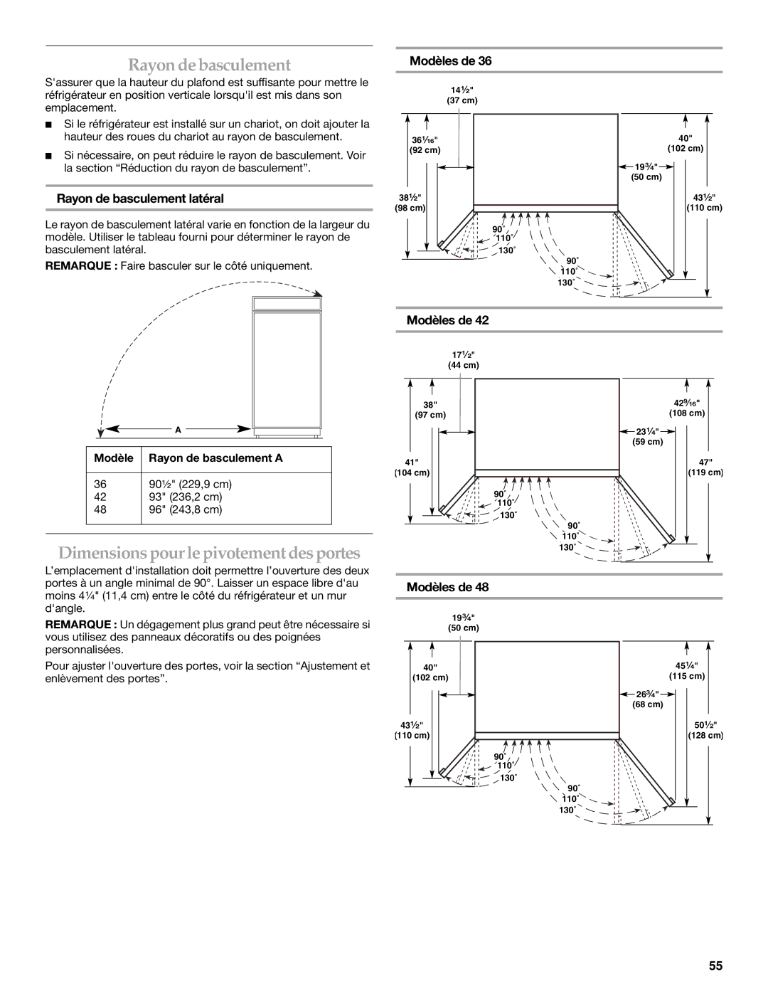 KitchenAid 2309069A, KSSC36QMS Rayon debasculement, Dimensions pour le pivotement des portes, Rayon de basculement latéral 